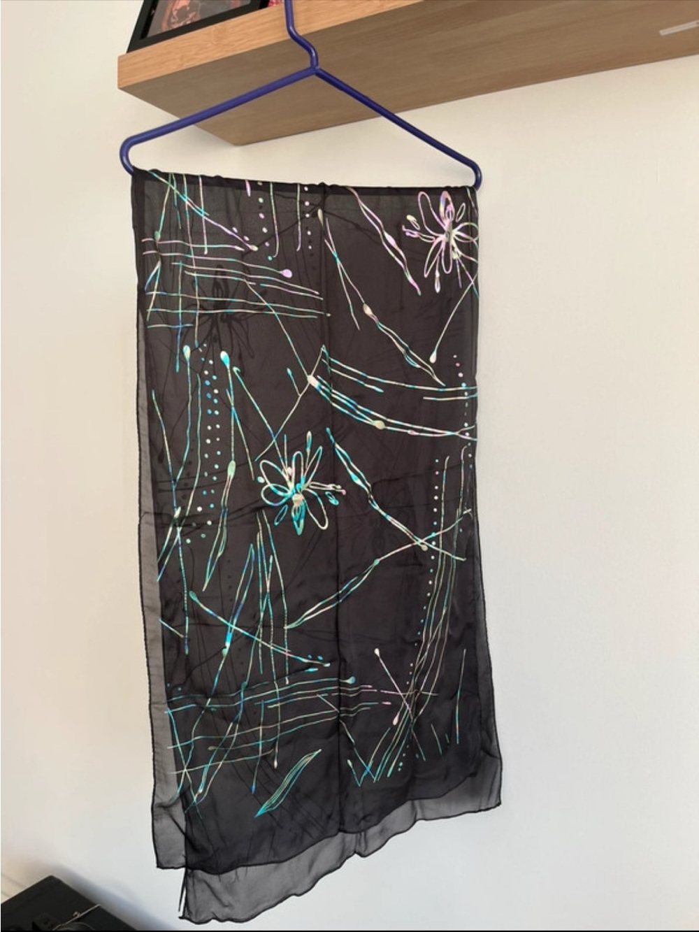 Black Floral Sheer Scarf with Teal & Lilac Accents